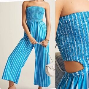 NEW Faithfull the Brand Anthropologie Baylee Jumpsuit Maya Stripe Print Blue L